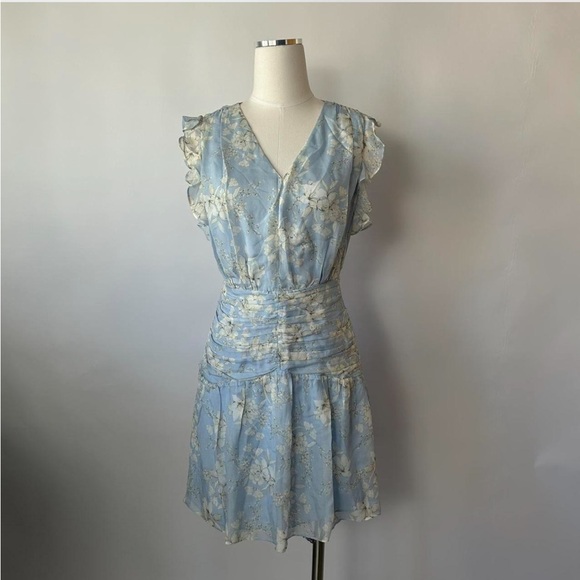 Intermix Vintage Vibe Light Blue Floral Silk Mini Dress Ruffled & Ruched - Picture 5 of 13